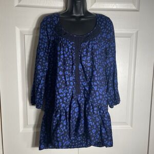 HD In Paris Ressica Tunic Top Women M Blue Black Animal Print 3/4 Sleeves Flowy
